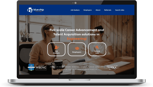 Blue Chip Talent platform showcasing job seekers, employers, and search jobs options for career advancement.