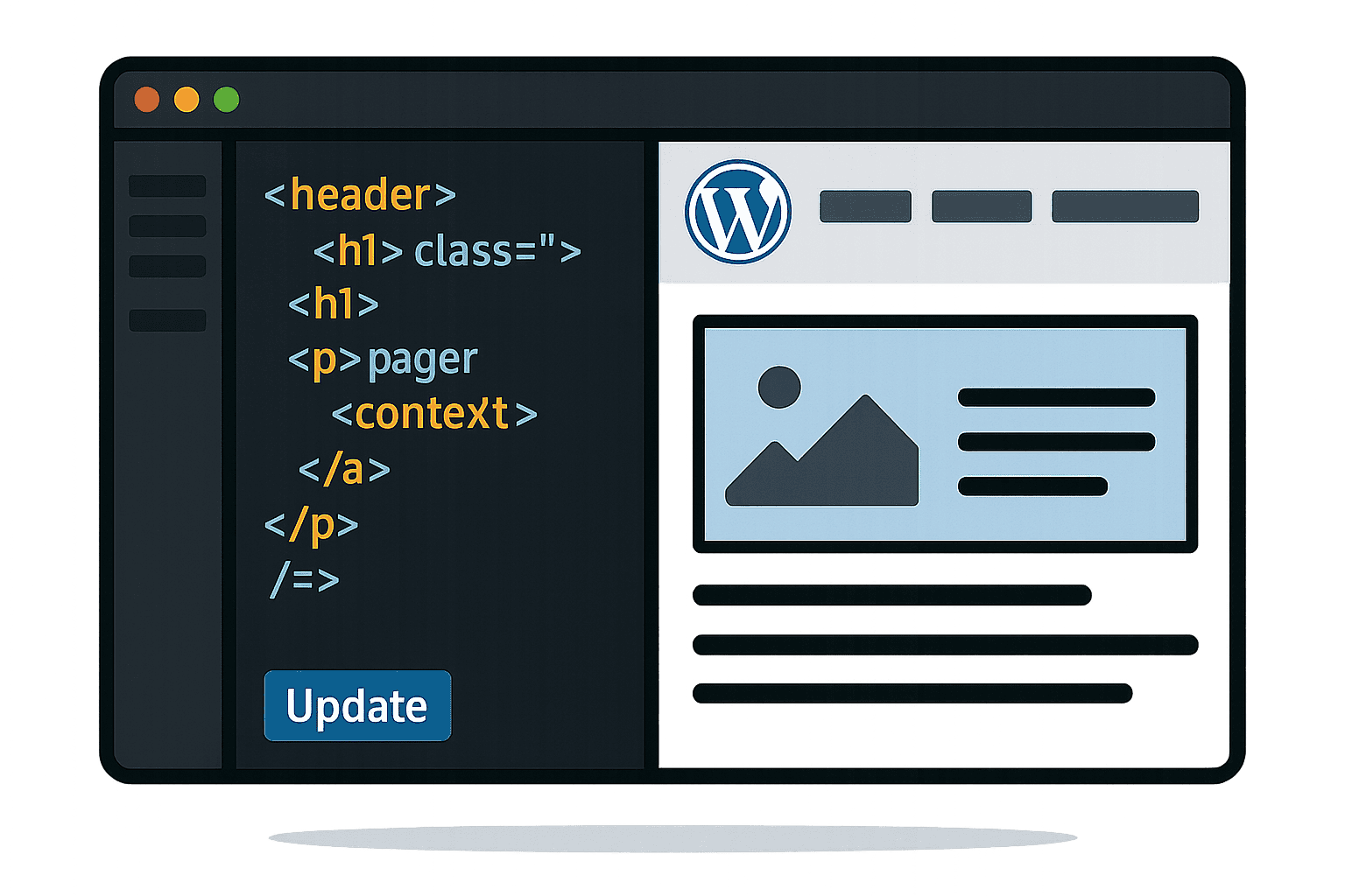 Website development coding screenshot with WordPress logo, digital marketing, and media creation focus.