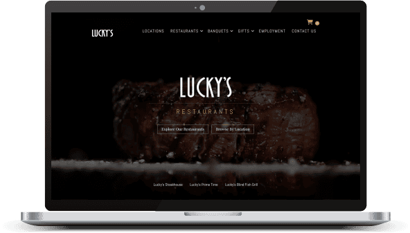 Sleek restaurant website showcasing Lucky's diverse dining options and location details.