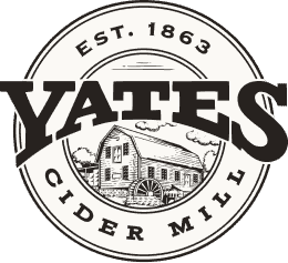 Yates Cider Mill logo with historic watermill and water wheel.