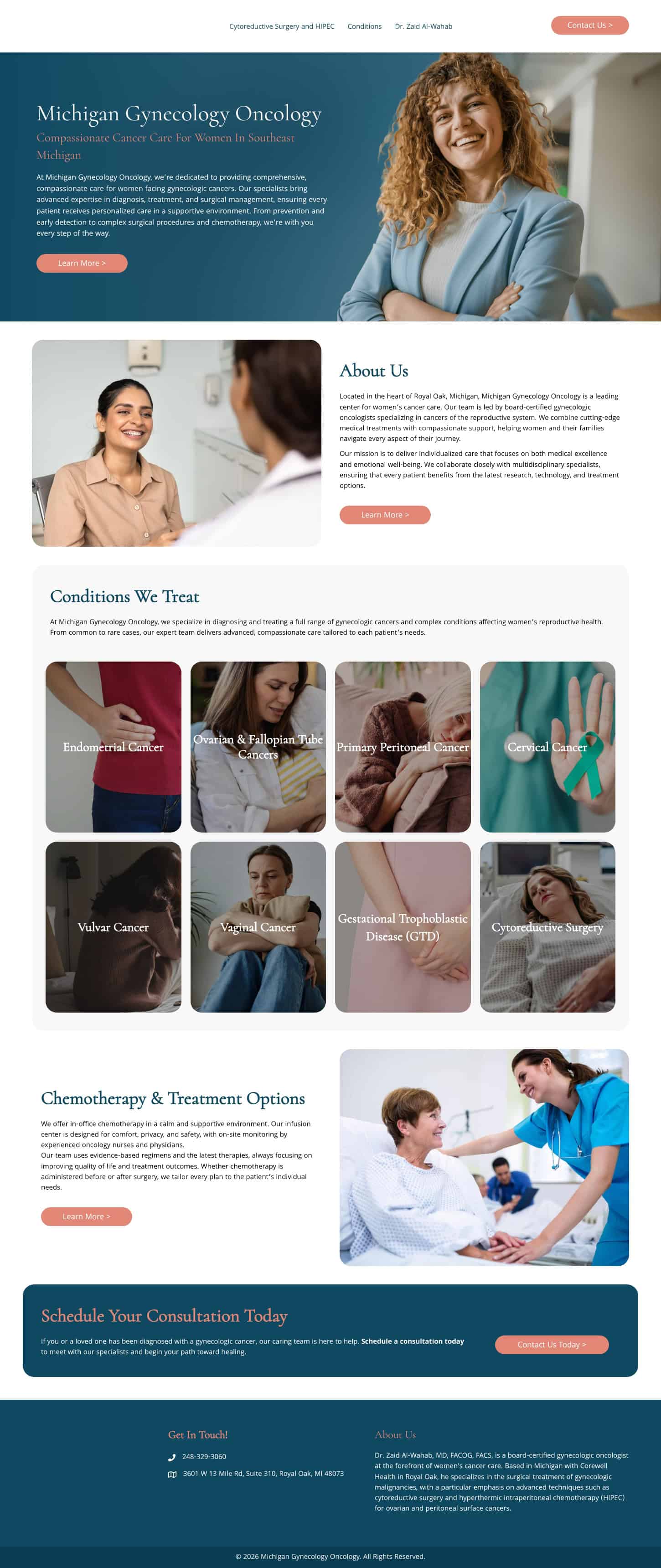 Full page screenshot of Michigan Gynecology Oncology (1450px width, scrolled)