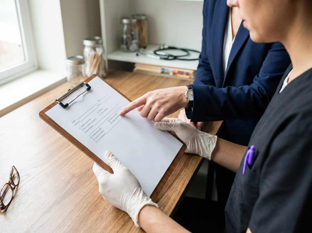 A clinician and business professional review a clipboard form together at a wooden desk in a medical office.