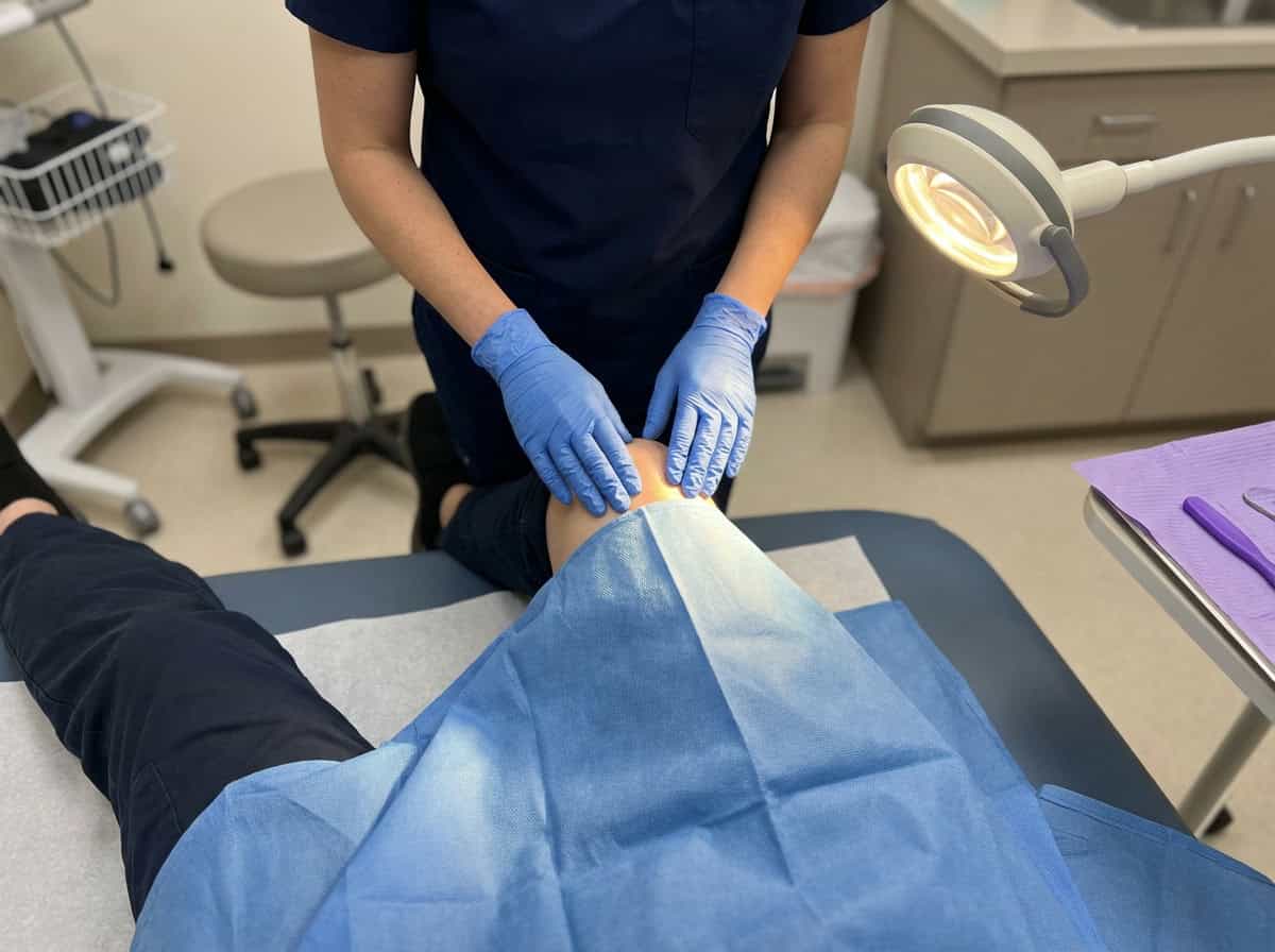 Gloved hands performing a knee examination on a patient lying on an exam table with blue draping.