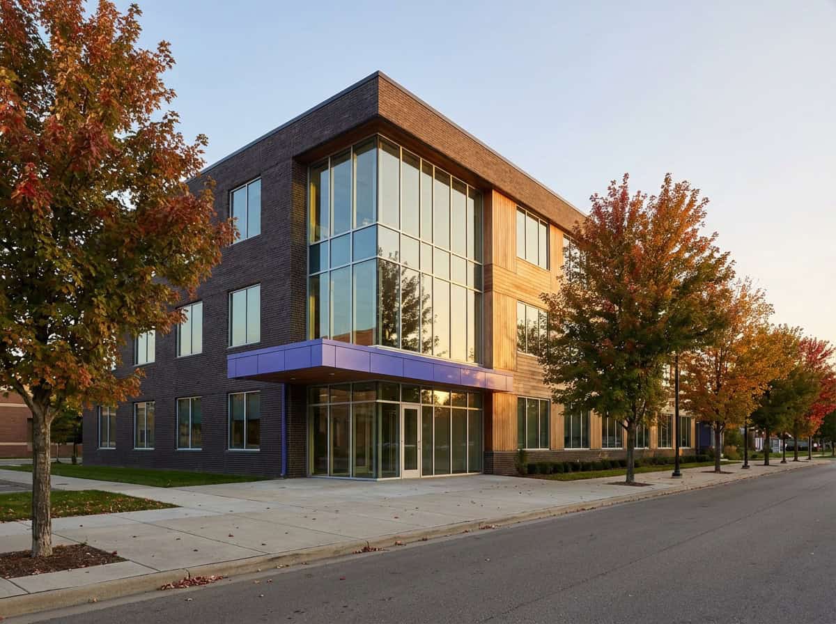 A modern office building with large windows stands beside early-autumn trees along a quiet suburban street at sunset.