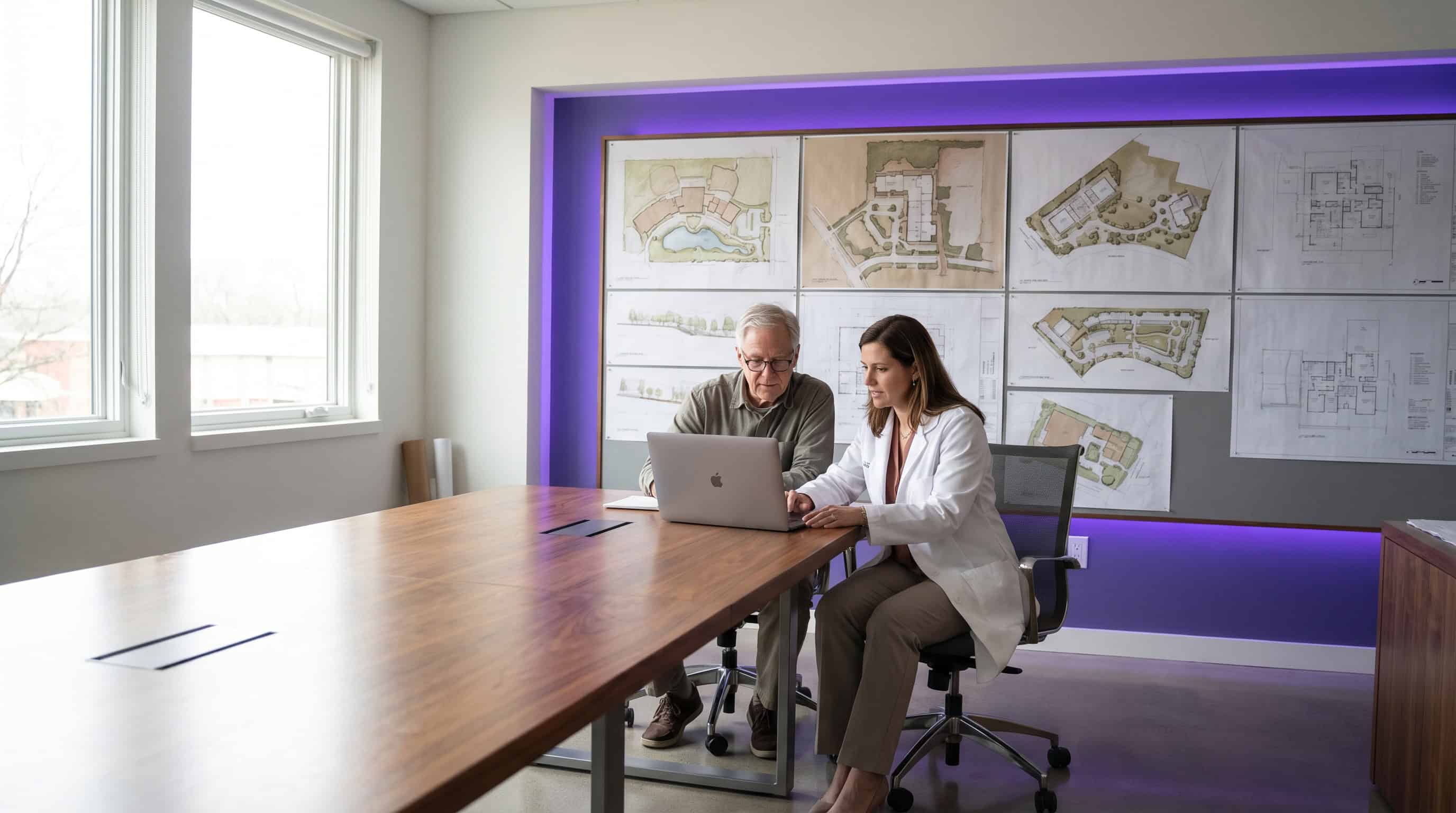 A senior engineer and physician review a laptop together at a walnut conference table in natural window light.
