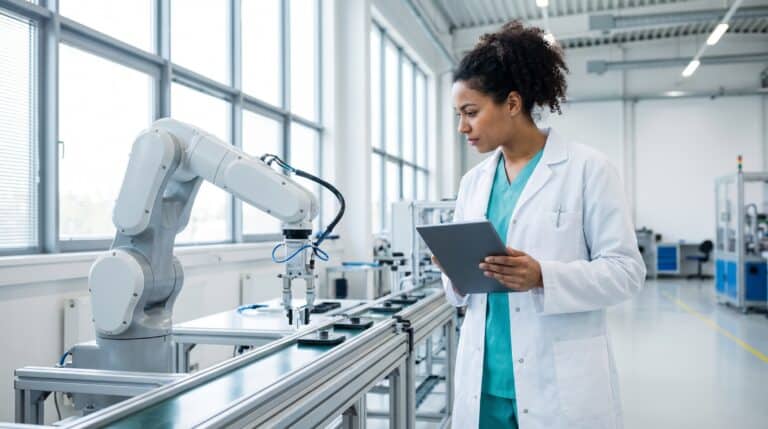 A healthcare professional in medical attire reviews digital health data on a computer screen in a clinical office setting.