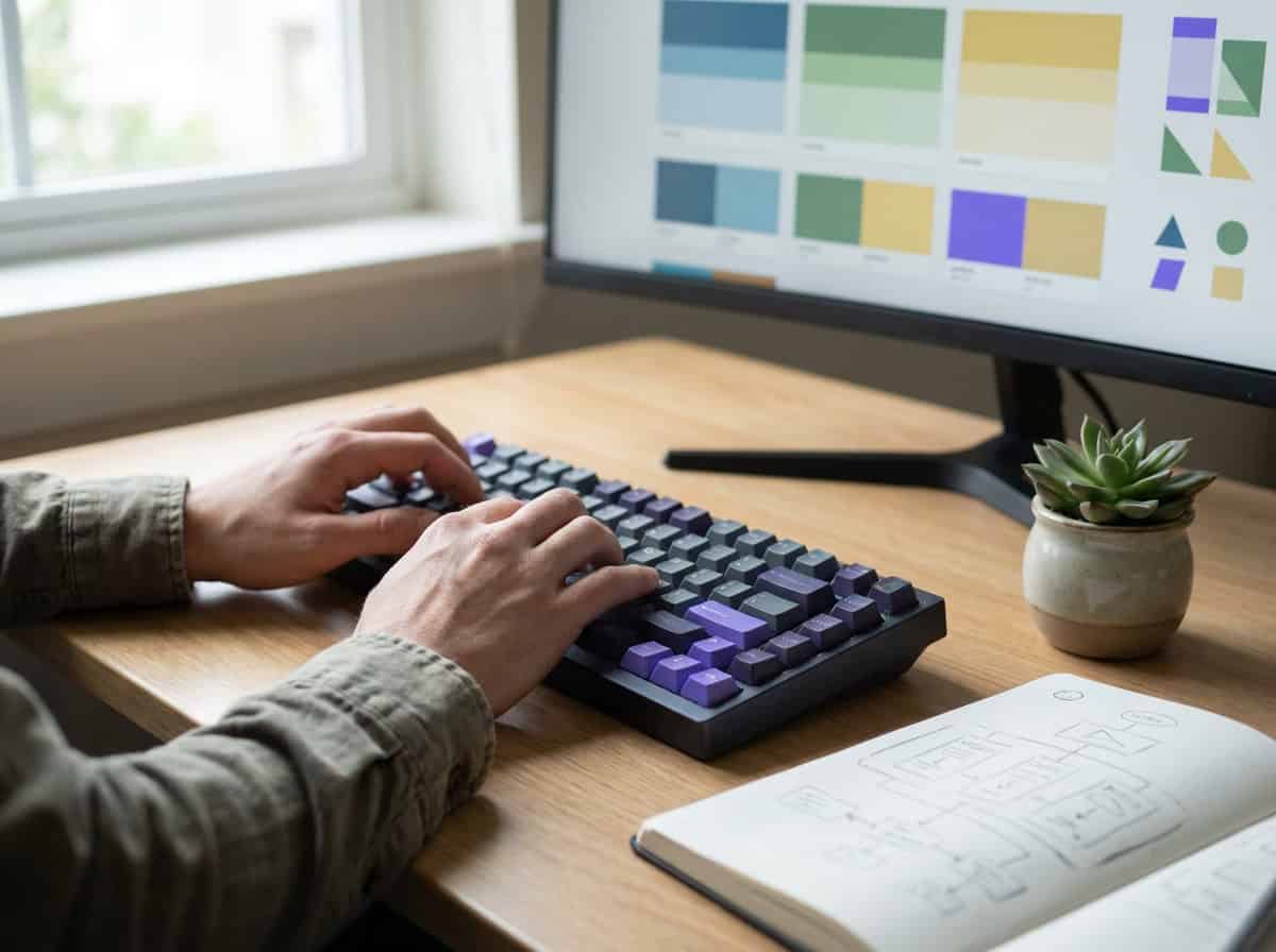Developer's hands typing on a mechanical keyboard with a potted plant and notebook nearby on a sunlit desk.