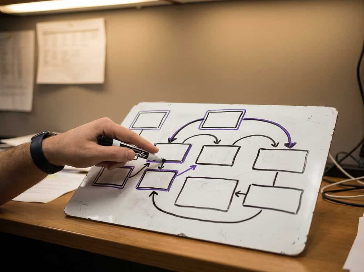 A developer's hand points at a hand-drawn box diagram with connecting arrows on a whiteboard, illustrating a website structure.