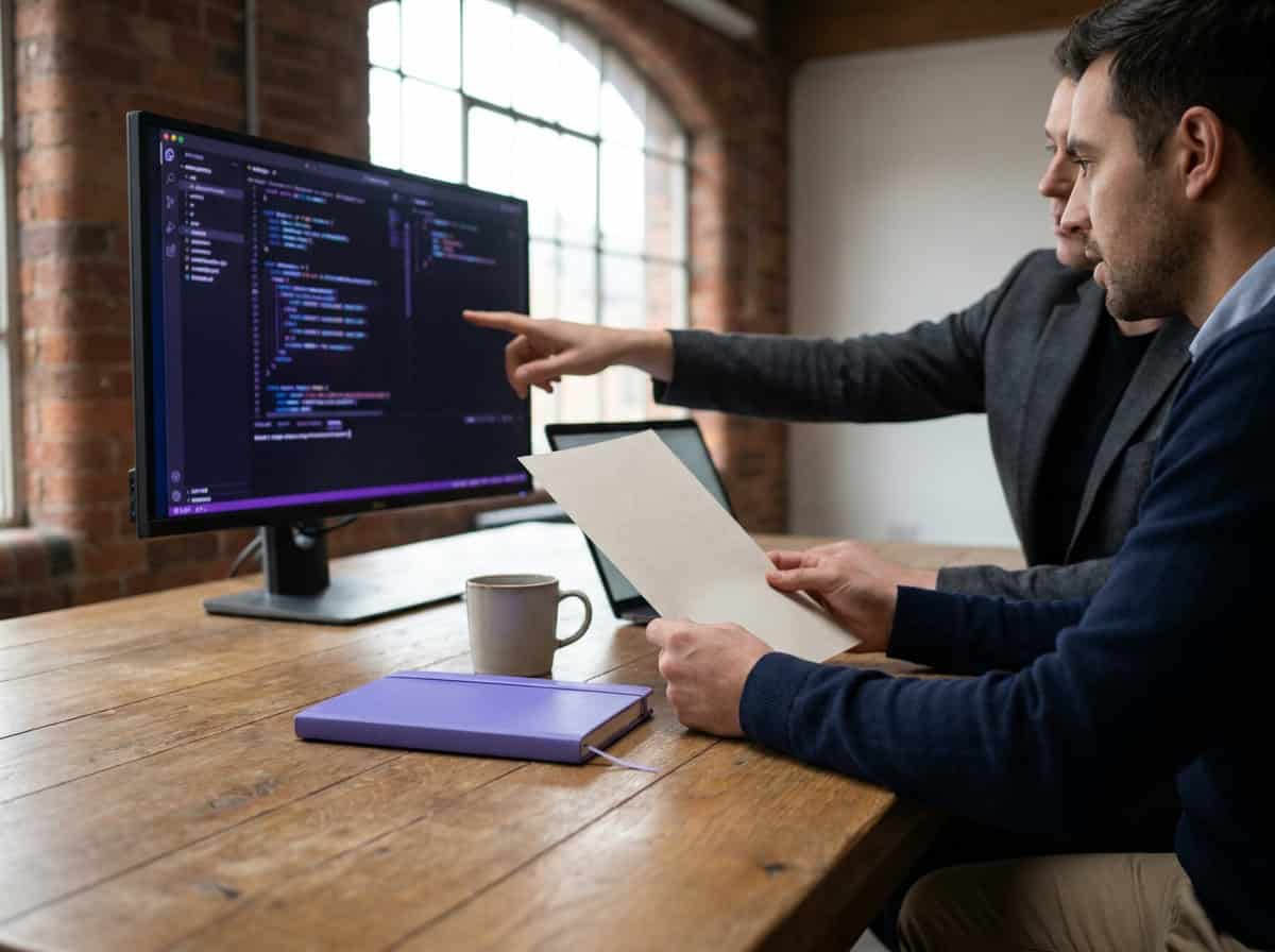 Two professionals sit at an oak conference table discussing code on a monitor, one pointing at the screen while the other holds a document.