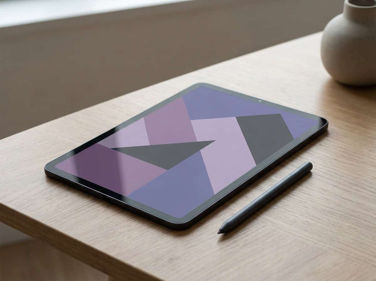 A tablet on a wooden desk displays an abstract purple geometric pattern, with a stylus beside it under soft daylight.
