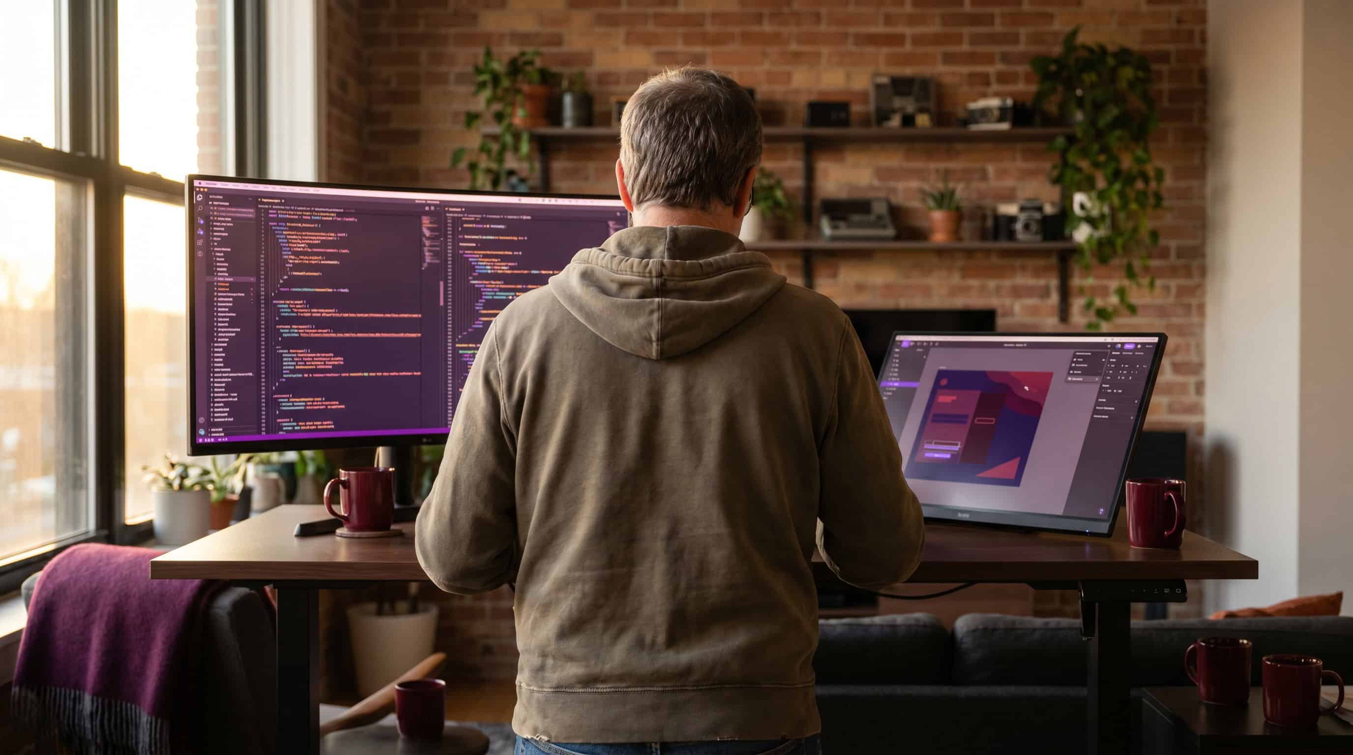 Senior developer works at a standing desk with dual monitors displaying code and design mockups in natural window light.