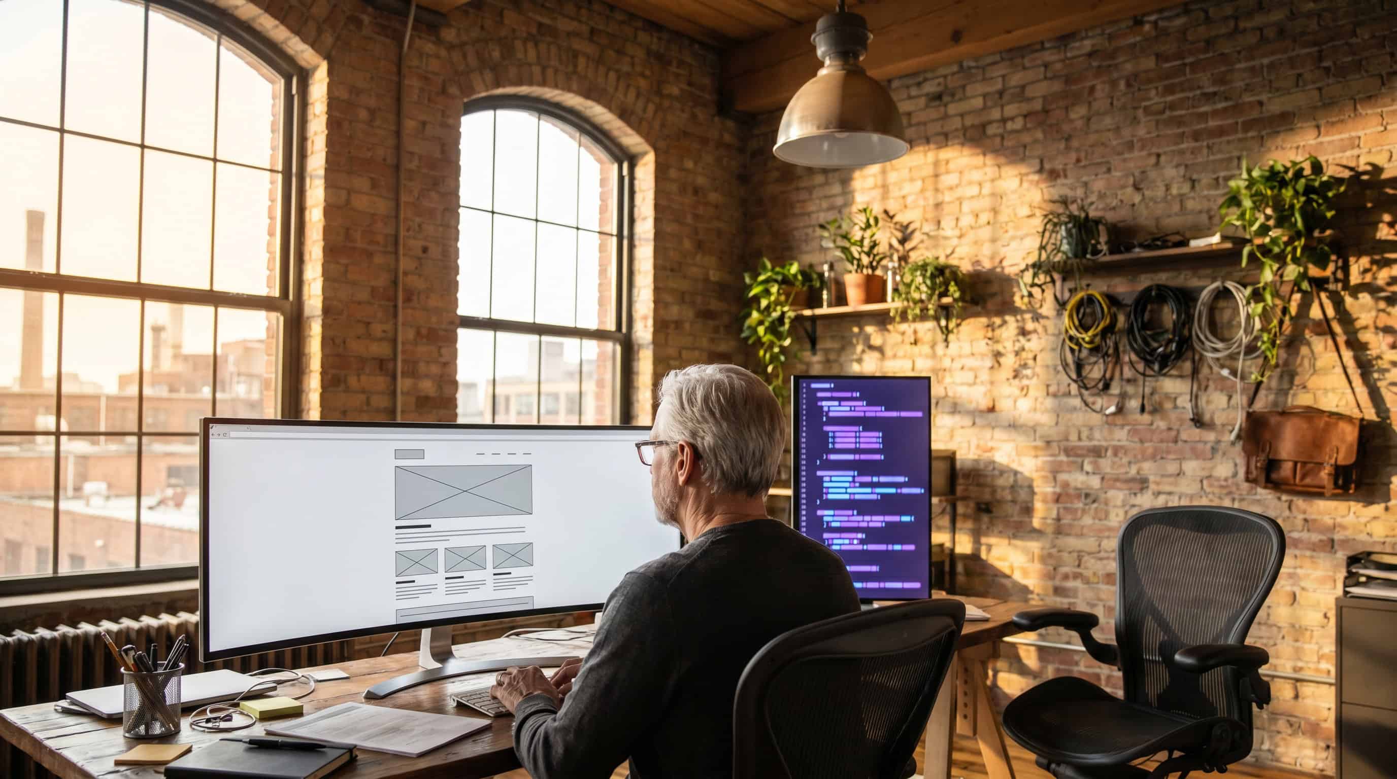 Senior developer examines wireframe on large monitor in brick loft studio with afternoon light streaming from the left.