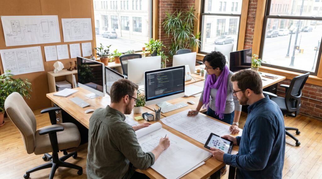 A professional workspace with computer monitors displaying web design work and development tools on a modern desk.
