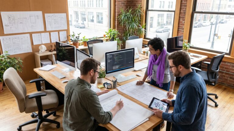 A professional workspace with computer monitors displaying web design work and development tools on a modern desk.