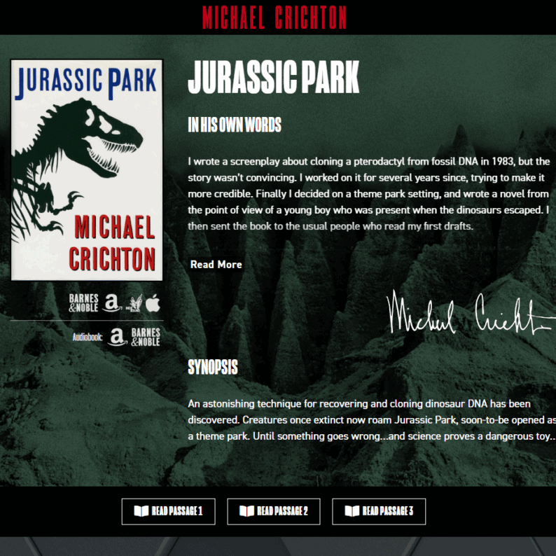 Jurassic Park book cover by Michael Crichton, science fiction novel about cloning dinosaurs.