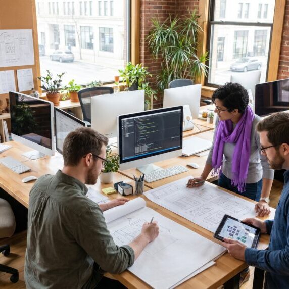 A professional workspace with computer monitors displaying web design work and development tools on a modern desk.