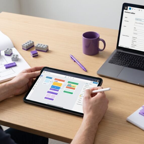 Three different website builder interfaces displayed side by side on computer screens in a modern workspace.