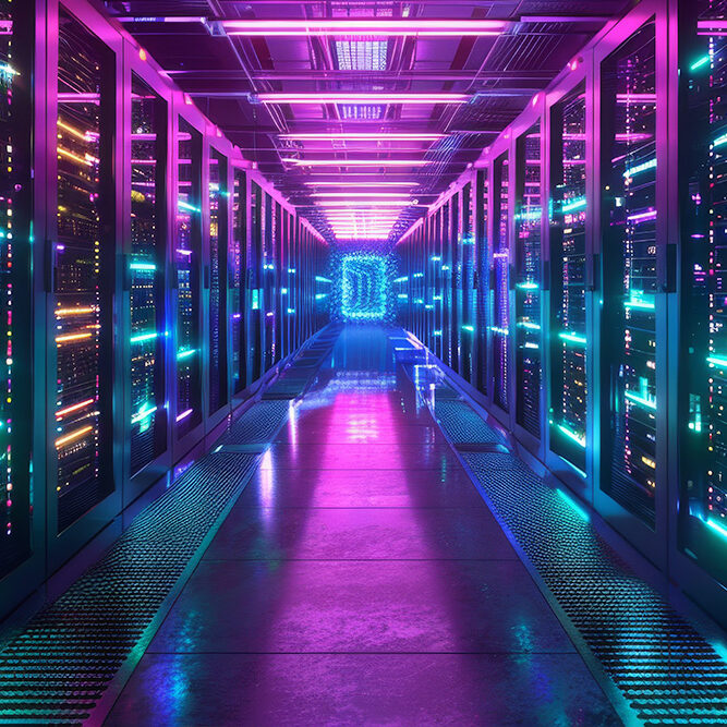 Futuristic data center with colorful LED server racks and neon lighting, representing innovative media and tech solutions.