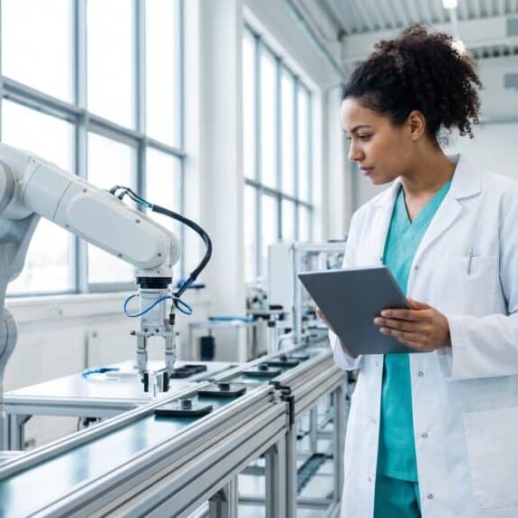 A healthcare professional in medical attire reviews digital health data on a computer screen in a clinical office setting.